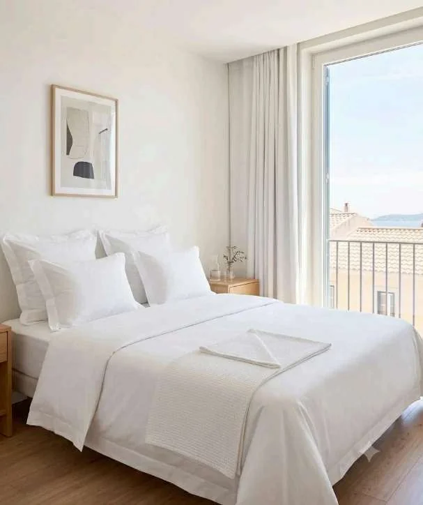 Lit refait avec du linge propre entre deux séjours par la conciergerie Airbnb